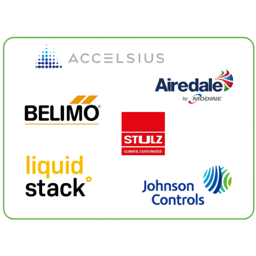 A collection of equipment vendor corporate logos enclosed in a green-bordered card. The logos include ABB, Cummins, Eaton, Hitachi, Schneider Electric, and Siemens Energy.