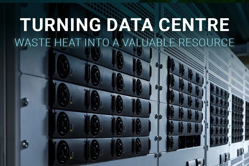 Graphic reading 'TURNING DATA CENTRE WASTE HEAT INTO A VALUABLE RESOURCE' overlaying a close-up photo of rows of industrial data center server racks with prominent black cooling fans and indicator lights.