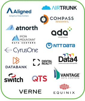 Grid of logos for major data center and infrastructure companies, including Aligned, AirTrunk, Compass Datacenters, atNorth, Ada Infrastructure, Iron Mountain Data Centers, NTT Data, CyrusOne, Digital Realty, Data4, DataBank, Switch, QTS, Vantage Data Centers, Verne, and Equinix.