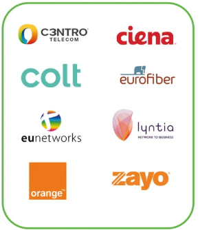Grid of corporate logos for major telecommunications, fiber, and networking infrastructure companies, including C3NTRO Telecom, Ciena, Colt, Eurofiber, euNetworks, Lyntia, Orange, and Zayo.