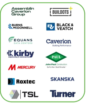 Grid of corporate logos for major engineering, construction, and building performance companies, including Assemblin Caverion Group, Buildots, Burns & McDonnell, Black & Veatch, Equans Data Centers, Caverion, Kirby Group Engineering, John Paul Construction, Mercury, Roxtec, Skanska, TSL, and Turner.