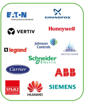 Grid of corporate logos for major industrial equipment, power management, cooling, and automation companies, including Eaton, Grundfos, Vertiv, Honeywell, Legrand, Johnson Controls, Accelsius, Schneider Electric, Carrier, ABB, Stulz, Huawei, and Siemens.
