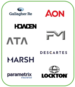 Grid of corporate logos for major insurance, reinsurance, and risk management companies, including Gallagher Re, Aon, Howden, FM Global, ATA, Descartes, Marsh, Parametrix Insurance, and Lockton.