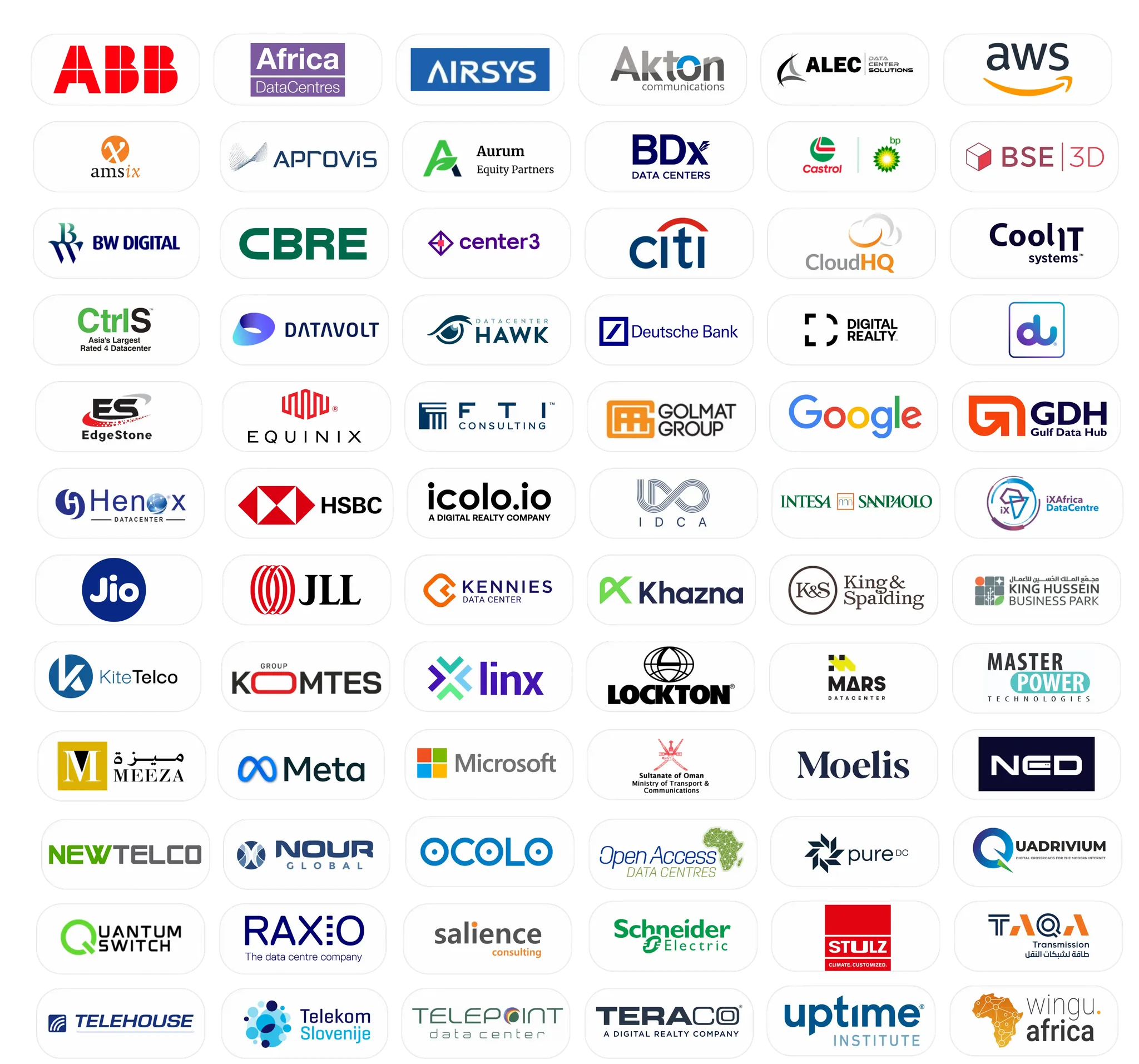 A comprehensive grid layout of corporate sponsor and attendee logos for an industry event, displayed on a black background. Major global brands featured include AWS, Google, Microsoft, Meta, Citi, Deutsche Bank, HSBC, Lockton, and CBRE.