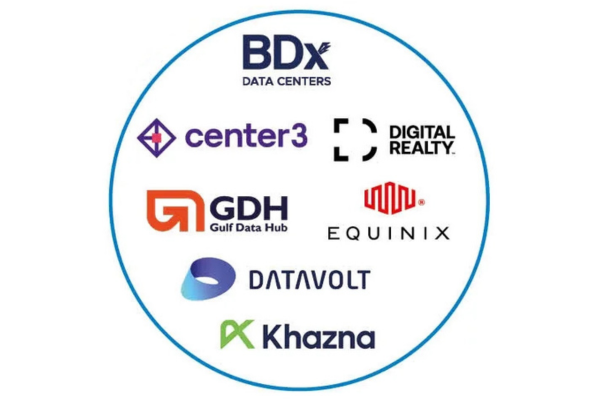 A circular badge containing corporate logos for prominent regional and international data center operators. Featured companies include BDx Data Centers, center3, Digital Realty, GDH (Gulf Data Hub), Equinix, Datavolt, and Khazna.