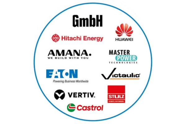 A group of infrastructure, engineering, and power solution company logos enclosed within a blue circle. The collection includes GmbH, Hitachi Energy, Huawei, Amana, Master Power Technologies, Eaton, Victaulic, Vertiv, Stulz, and Castrol.