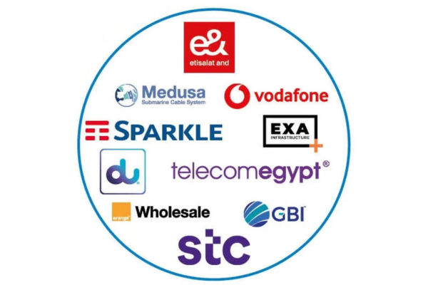 A collection of global network and telecom operator logos arranged inside a blue circle on a white background. Featured brands include e& (etisalat and), Medusa, Vodafone, Sparkle, EXA Infrastructure, du, Telecom Egypt, Orange Wholesale, GBI, and stc.