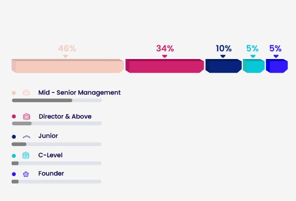 Breakdown statistics of seniority audience representing 46% mid-senior management, 34% director and above, 10% junior, 5% C-Level and 5% Founder