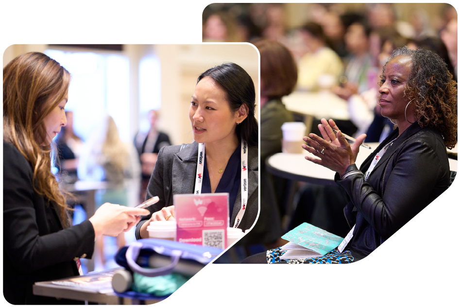 Two separate images of one woman holding a microphone speaking into it and an image of a woman looking engaged and smiling