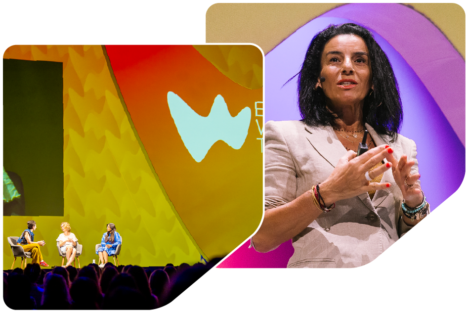 Two separate images of one woman holding a microphone speaking into it and an image of a woman looking engaged and smiling