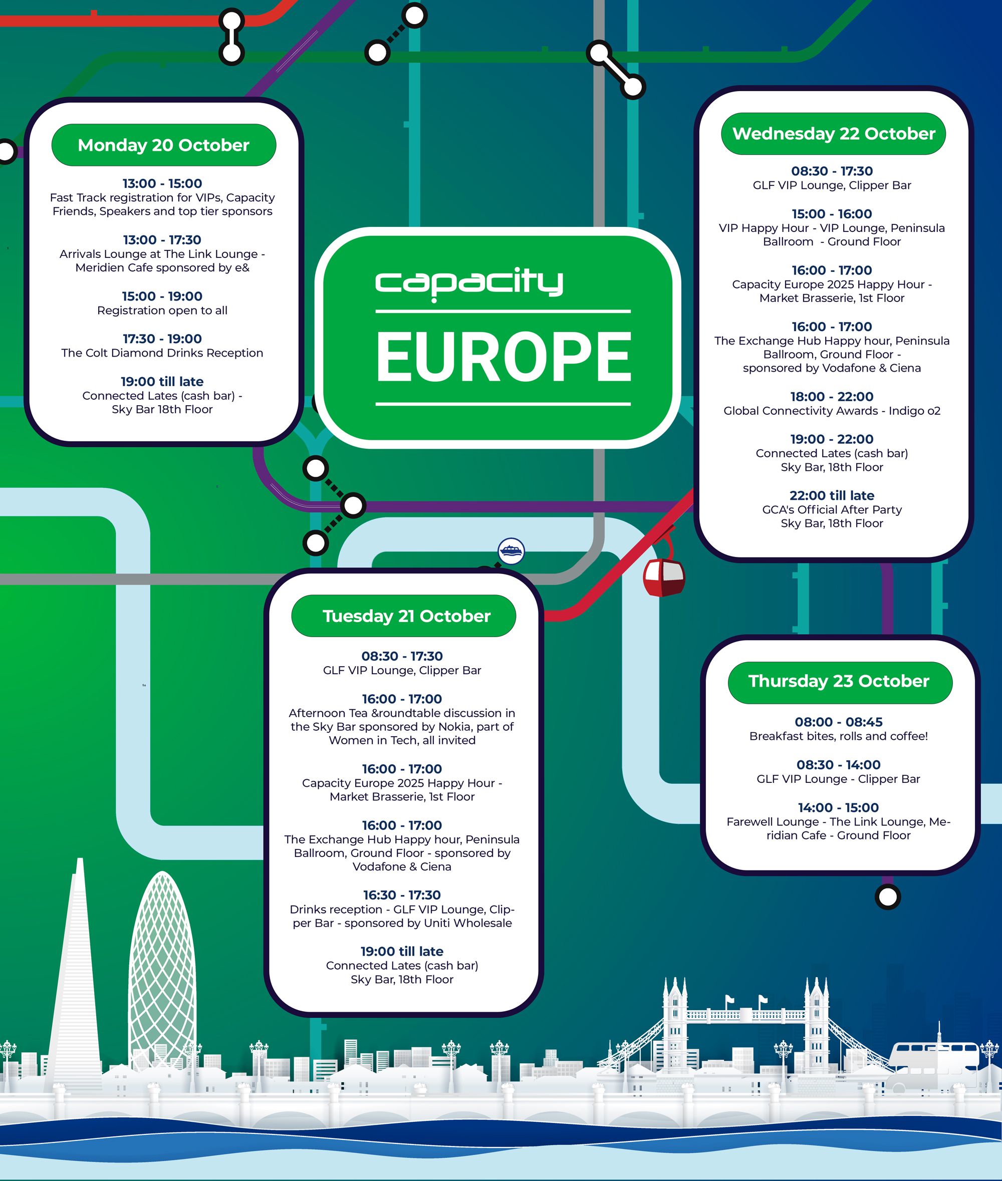 A social calendar for Capacity Europe in London, featuring networking events from Monday 20 October to Thursday 23 October. It lists daily schedules including receptions, VIP lounges, happy hours, and the Global Connectivity Awards, set against a London skyline and tube-map-style background.