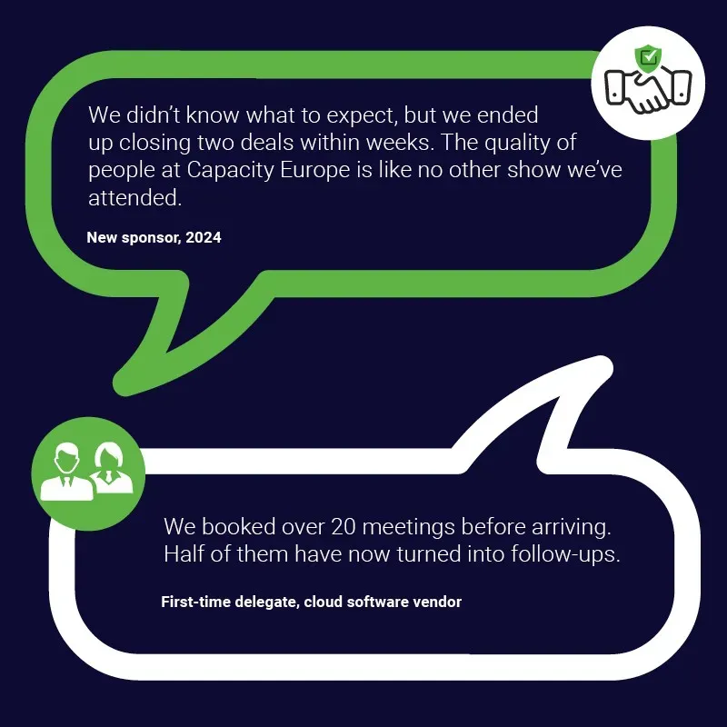 Two speech bubbles on a dark navy background containing testimonials for Capacity Europe. The top green bubble, labeled 