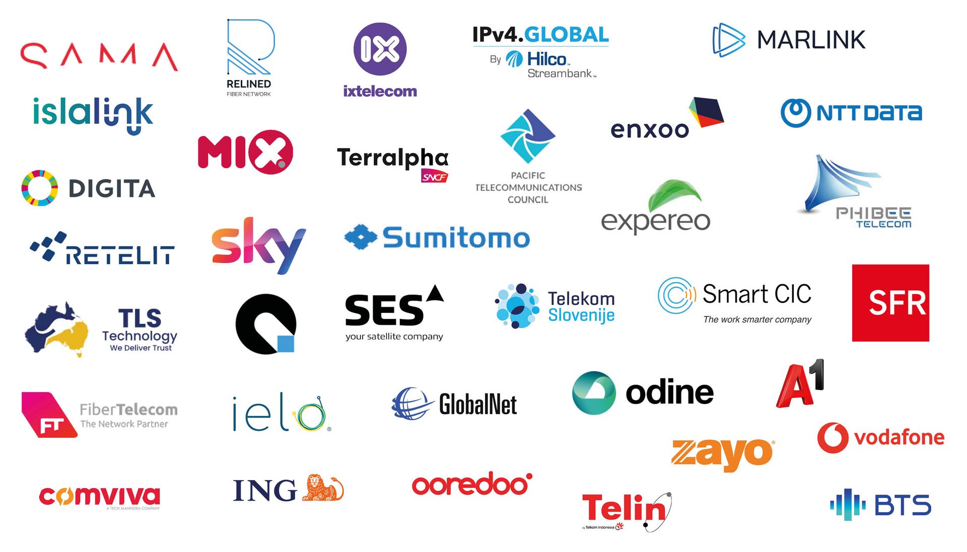 Logos of various companies, including telecommunications and tech service providers.