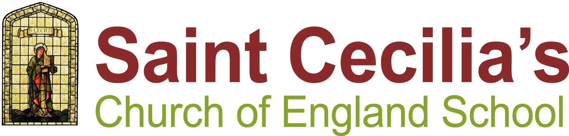 Logo for Saint Cecilia's Church of England School. On the left is an illustration of a stained-glass window featuring Saint Cecilia holding a small organ. To the right, the text 