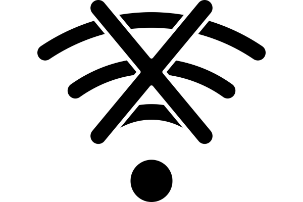 A black Wi-Fi symbol with a large X through it, indicating a lost connection or error.