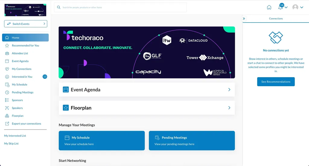 A desktop web portal interface for Network-techoraco-app.webp showing the user home dashboard, featuring an event agenda, floorplan links, and navigation menus for an event networking platform.