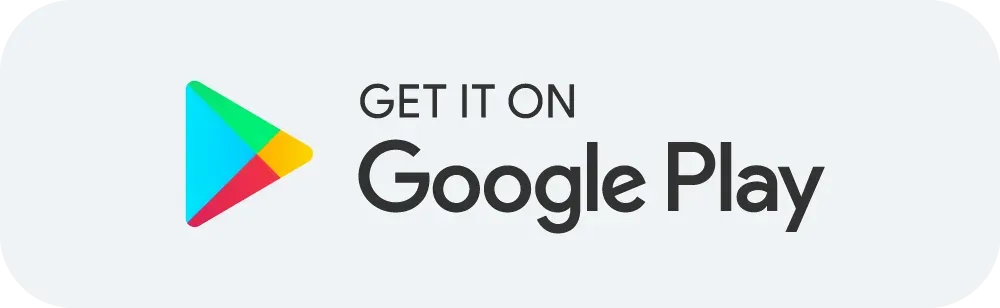 A rectangular download badge with rounded corners on a very light grey background. On the left side is the official Google Play logo—a stylized sideways triangle split into distinct blue, green, red, and yellow geometric sections. To the right of the icon, the text reads 