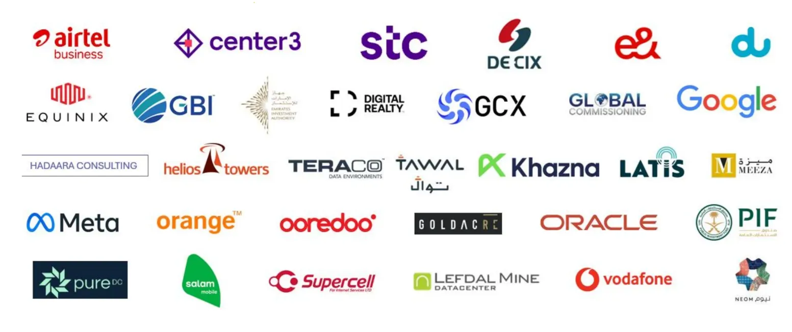 A logo grid displaying major global and regional digital infrastructure partners, including airtel business, center3, stc, DE-CIX, e&, du, Equinix, GBI, Digital Realty, GCX, Google, Helios Towers, Teraco, Tawal, Khazna, Meta, Orange, ooredoo, Oracle, PIF, pureDC, Vodafone, and NEOM.