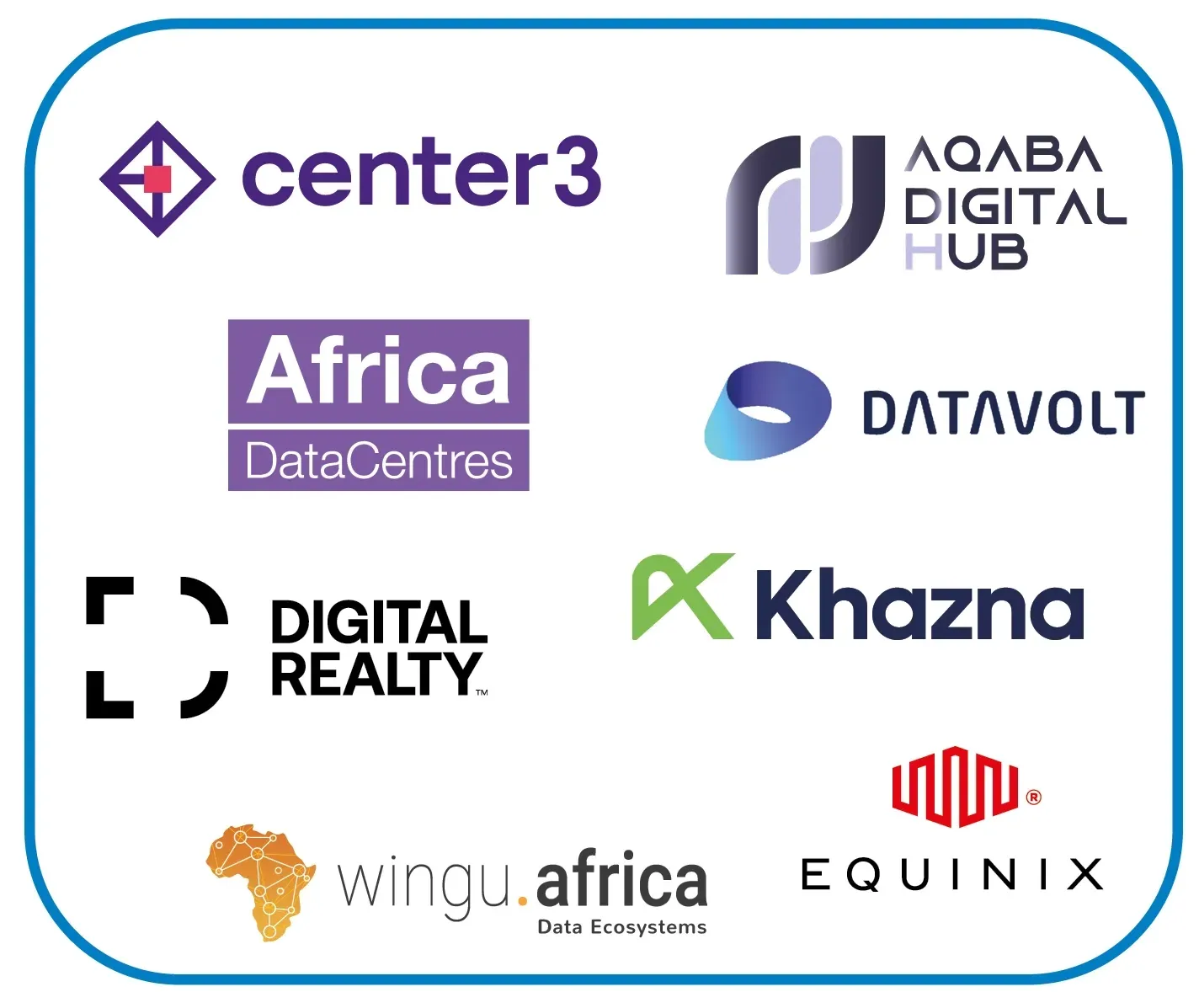 A logo grid of data center operators, including center3, Aqaba Digital Hub, Africa DataCentres, Datavolt, Digital Realty, Khazna, wingu.africa, and Equinix.