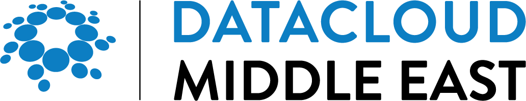 Datacloud Middle East official logo, featuring a blue circular cluster graphic on the left and the event name in blue and black text.