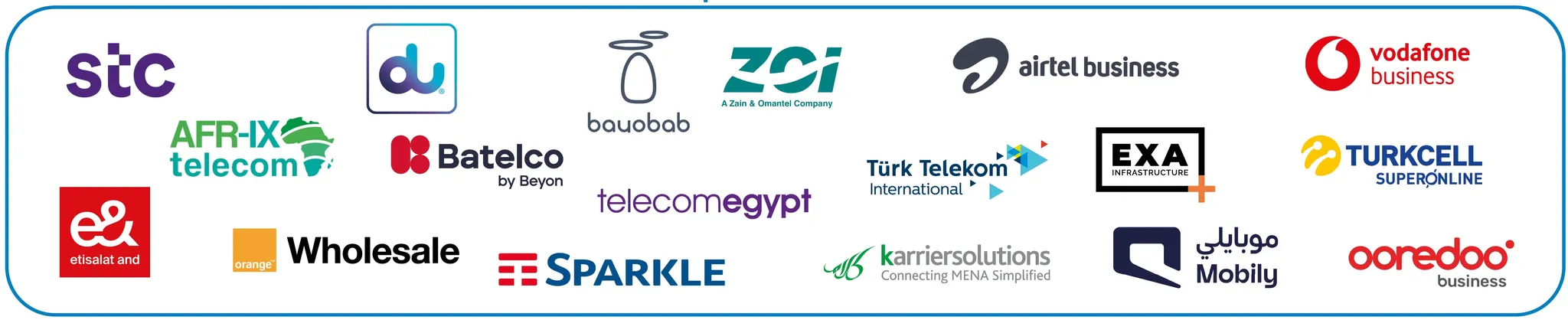 A logo grid of network operators, carriers, and ISPs, including stc, du, e&, Orange Wholesale, Telecom Egypt, Vodafone Business, Mobily, and ooredoo business.