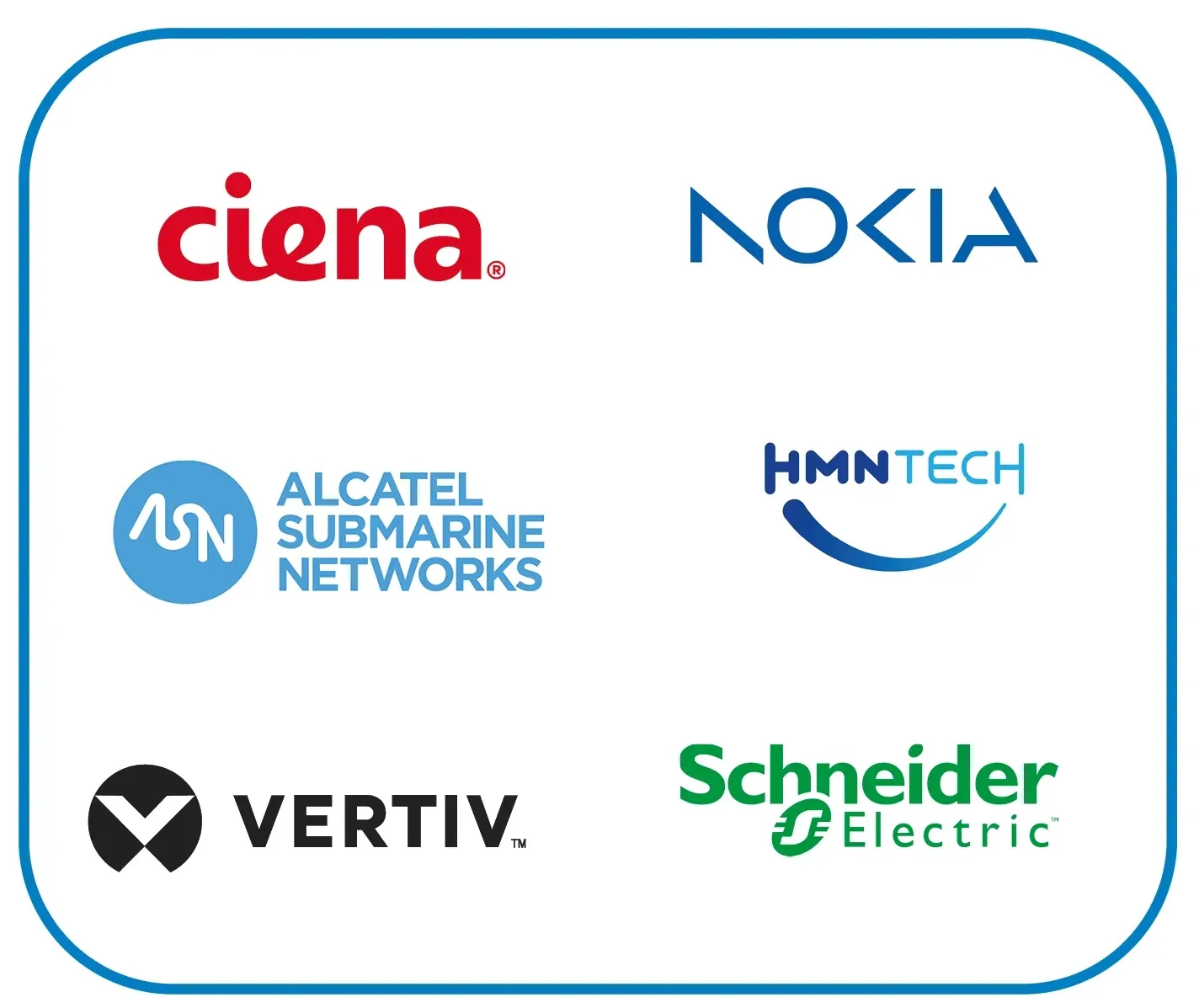 A logo grid of technology vendors, including Ciena, Nokia, Alcatel Submarine Networks (ASN), HMN Tech, Vertiv, and Schneider Electric.