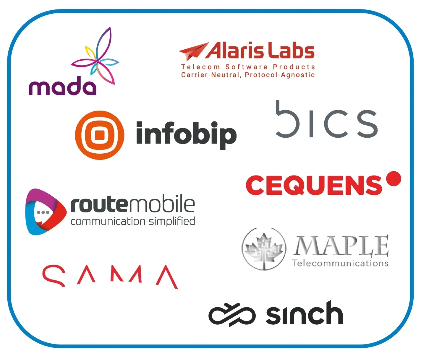 A logo grid of voice and messaging operators, including mada, Alaris Labs, Infobip, BICS, Route Mobile, Cequens, SAMA, Maple Telecommunications, and Sinch.