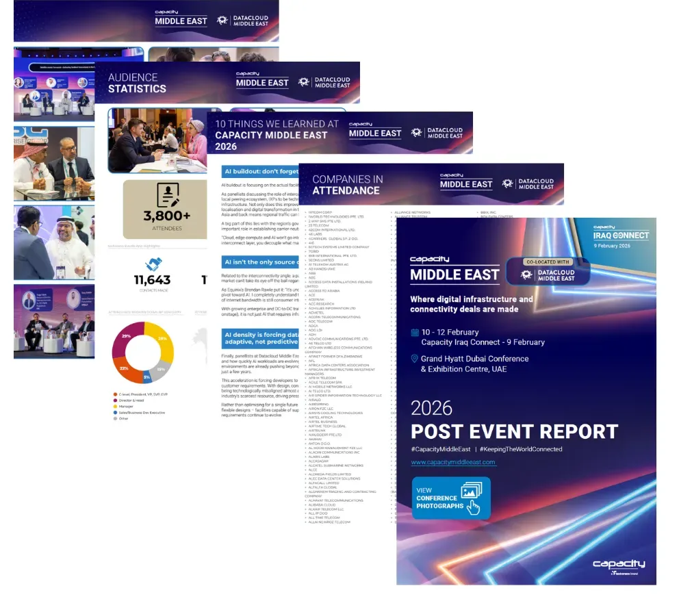 An overlapping grid layout displaying various pages from the Capacity Middle East 2026 Post Event Report. The pages showcase event photographs, demographic charts, audience metrics, a summary of key takeaways, a list of attending companies, and the main report cover page.