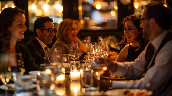 Attendees in formal attire talking and laughing around a candlelit dining table at an evening networking reception.