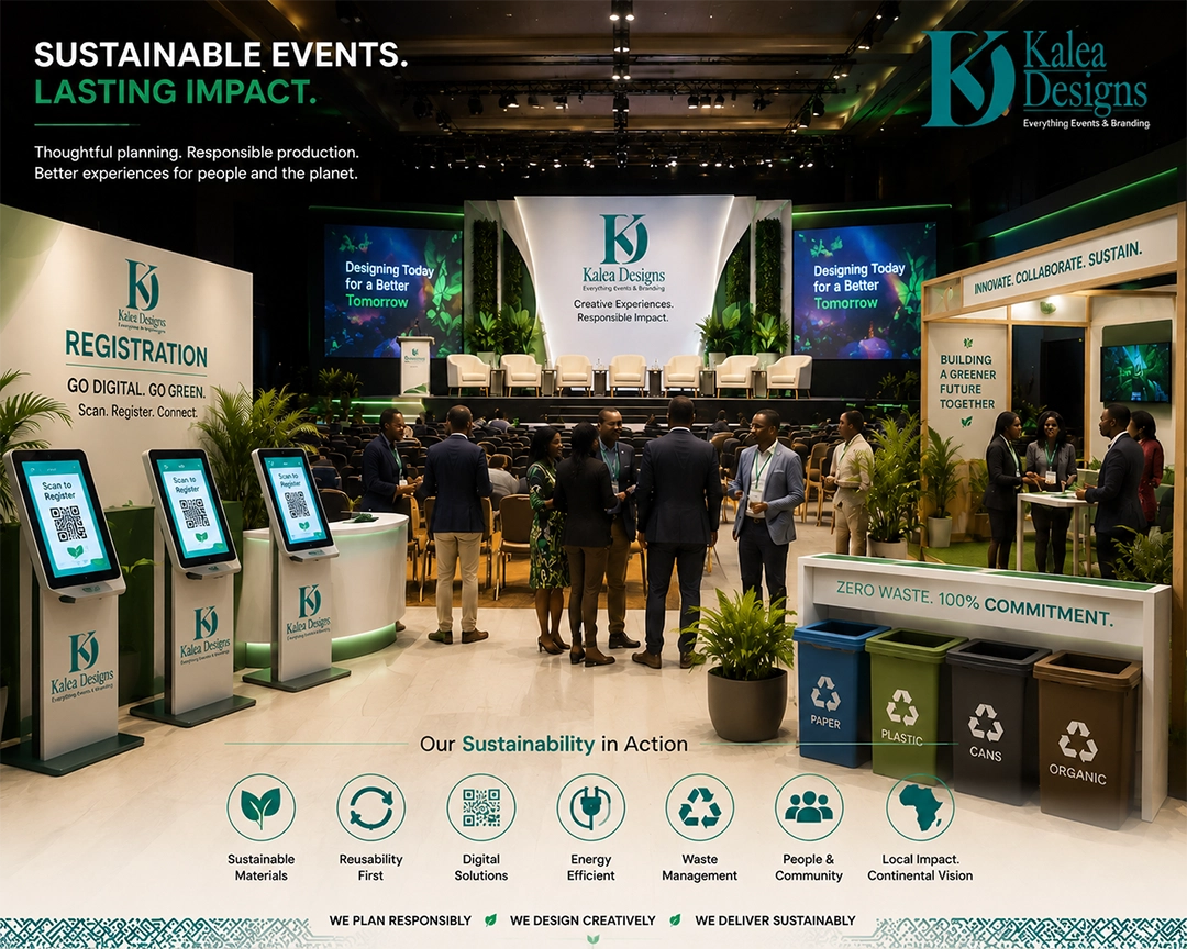 Promotional banner for Kalea Designs showing a sustainable event hall setup with digital registration kiosks, recycling stations, and event branding.