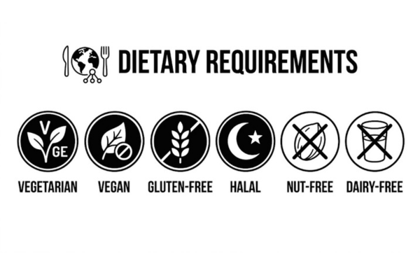 Dietary requirements icons: Vegetarian, Vegan, Gluten-Free, Halal, Nut-Free, and Dairy-Free.