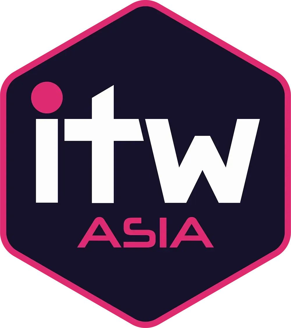 Logo of ITW Asia within a hexagon block. The letters itw is in white, with a pink dot on the i. ASIA is in a bright fuchsia shade. The text is against a navy blue shade. The hexagon has a fuchsia outline