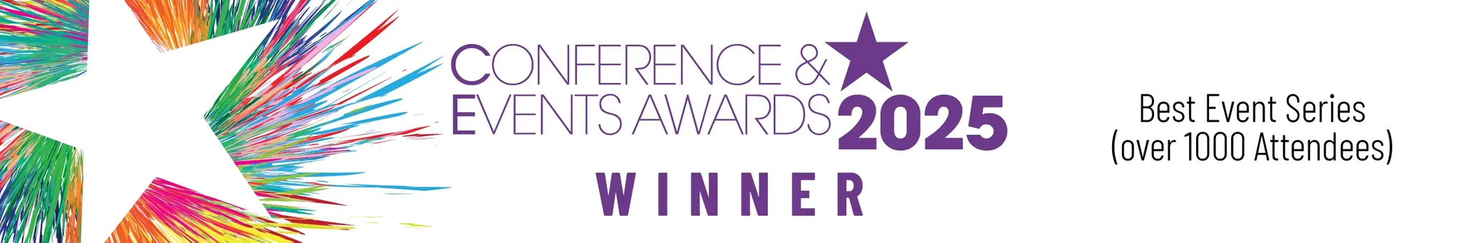 Winner banner for the Conference and Events Awards 2025 featuring a colorful starburst and the text 