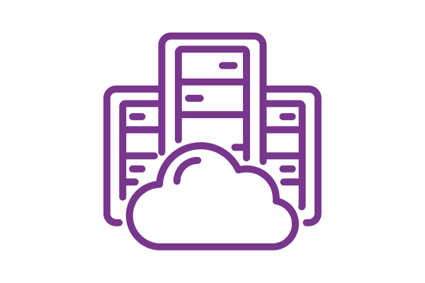 Purple line art icon depicting server racks positioned behind a cloud shape, representing data center and cloud hosting infrastructure.