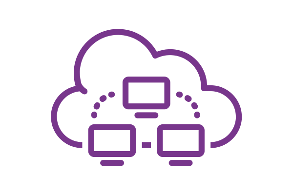 Purple line art icon featuring three interconnected computer screens inside a cloud silhouette, representing cloud network infrastructure and connected systems.