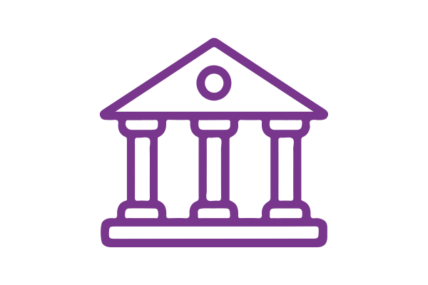 Purple line art icon of a classic building with pillars and a triangular pediment, representing government, finance, or institutional governance.
