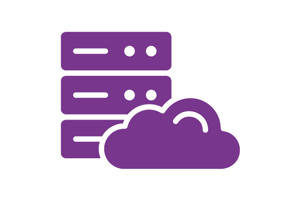 Solid purple icon depicting a stacked server unit paired with a cloud graphic, representing cloud storage and data server infrastructure.