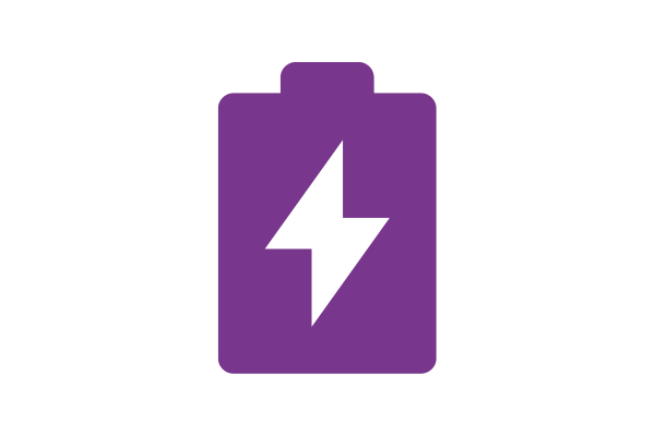 Solid purple battery icon with a white lightning bolt cut-out, representing energy, power, or charging status.