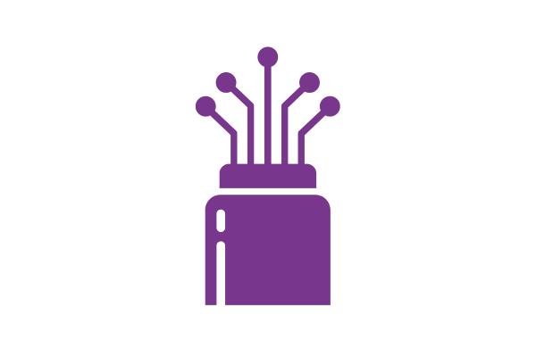 Solid purple icon depicting a fiber optic cable bundle with radiating nodes, representing high-speed connectivity, broadband, and telecommunications infrastructure.