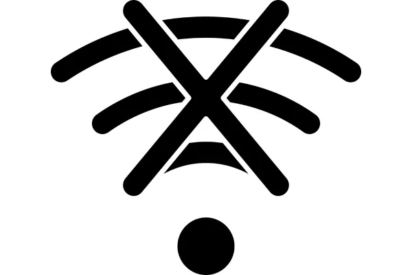 Black icon of a Wi-Fi signal symbol with a large 'X' layered over the signal waves, indicating no connection or disabled Wi-Fi.