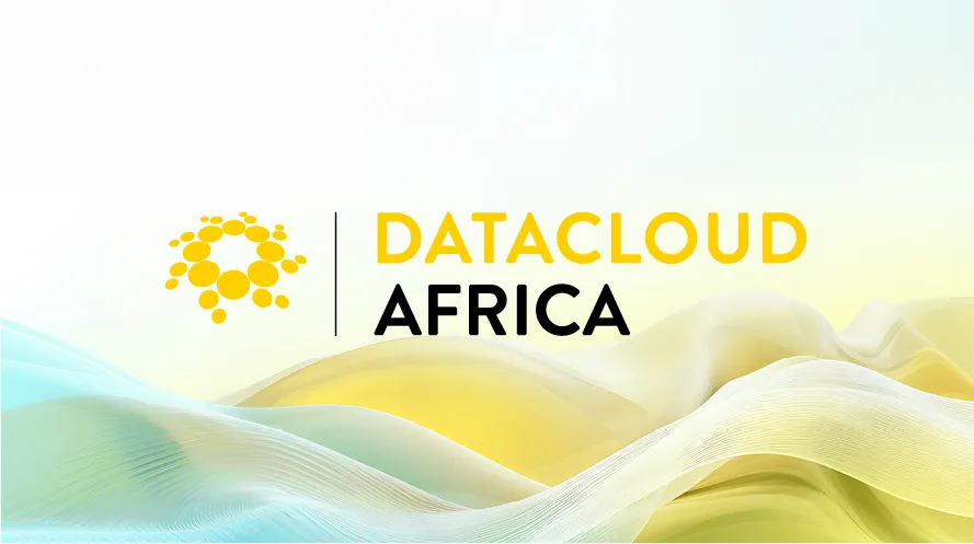 Event graphic for Datacloud Africa featuring a yellow circular bubble logo alongside bold text reading 'DATACLOUD AFRICA'. Set against a background of flowing, light teal and soft yellow abstract waves.