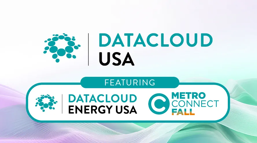 Event graphic for Datacloud USA featuring a teal circular bubble logo. Below, a rounded panel labeled 'FEATURING' displays two event logos: Datacloud Energy USA and Metro Connect Fall against a wavy teal and purple background.