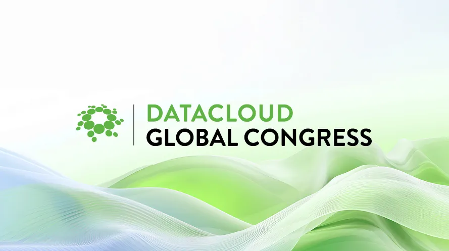 Event graphic for Datacloud Global Congress featuring a green circular bubble logo alongside text reading 'DATACLOUD GLOBAL CONGRESS'. Set against a background of flowing abstract waves in light green, teal, and soft blue tones.