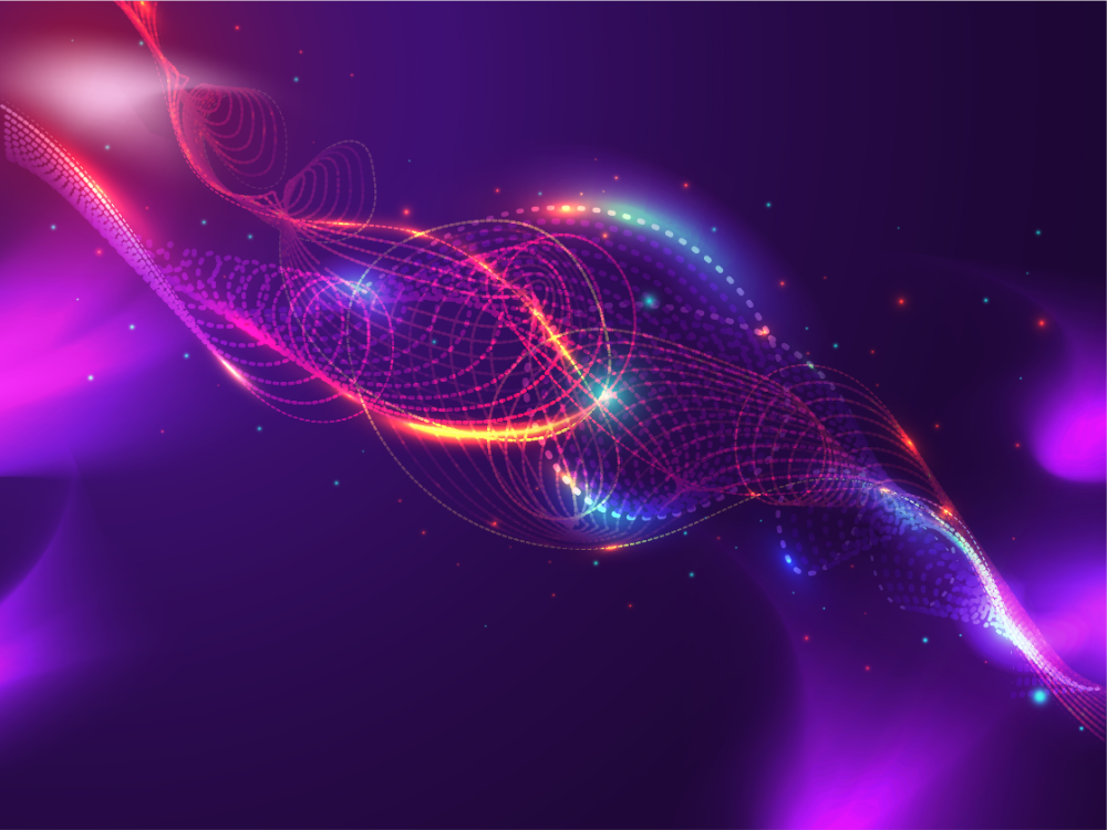 Abstract digital art featuring vibrant, flowing lines in shades of purple, pink, and orange, with glowing particles scattered throughout.