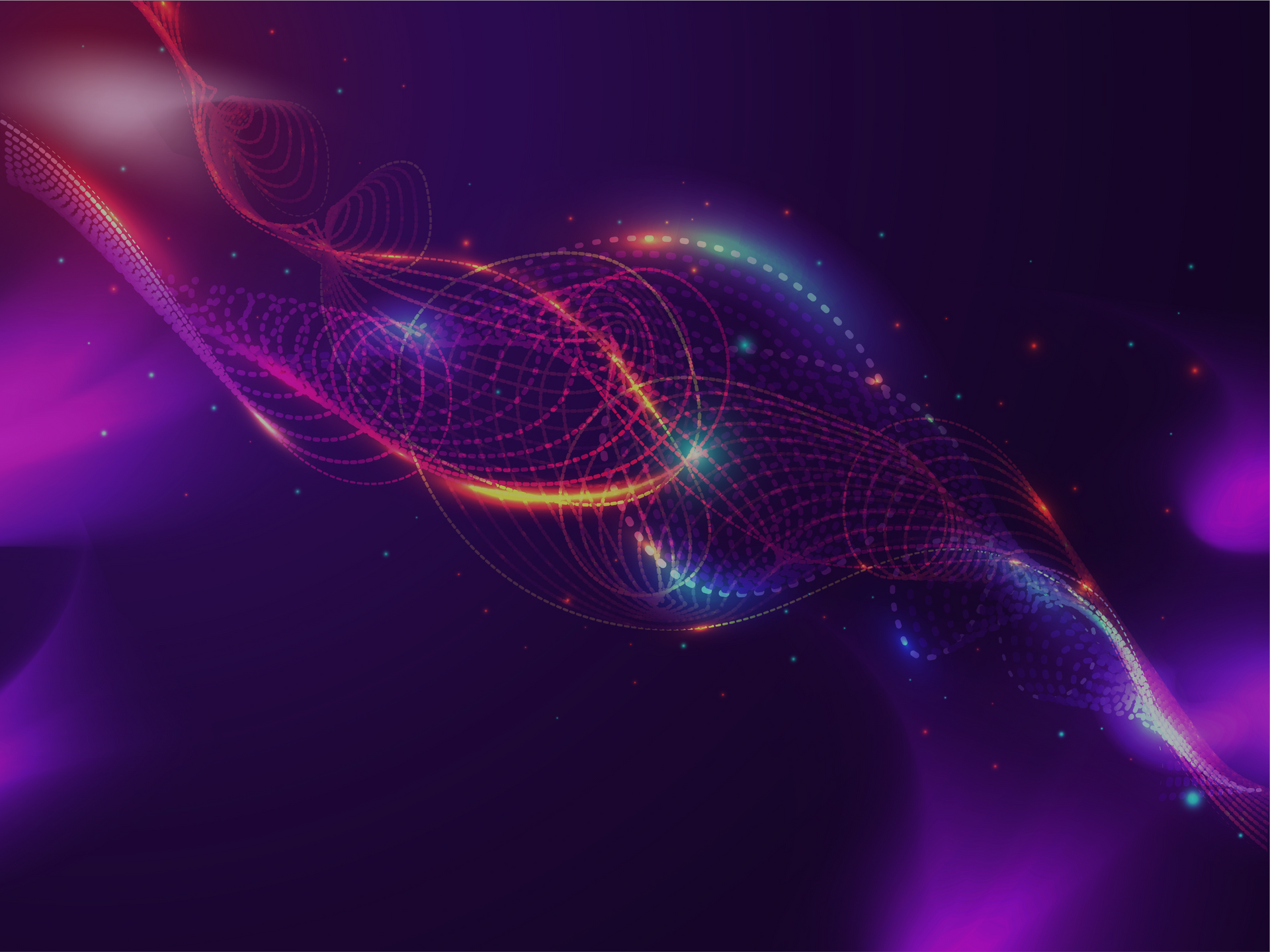 Abstract digital art featuring vibrant, flowing lines in shades of purple, pink, and orange, with glowing particles scattered throughout.