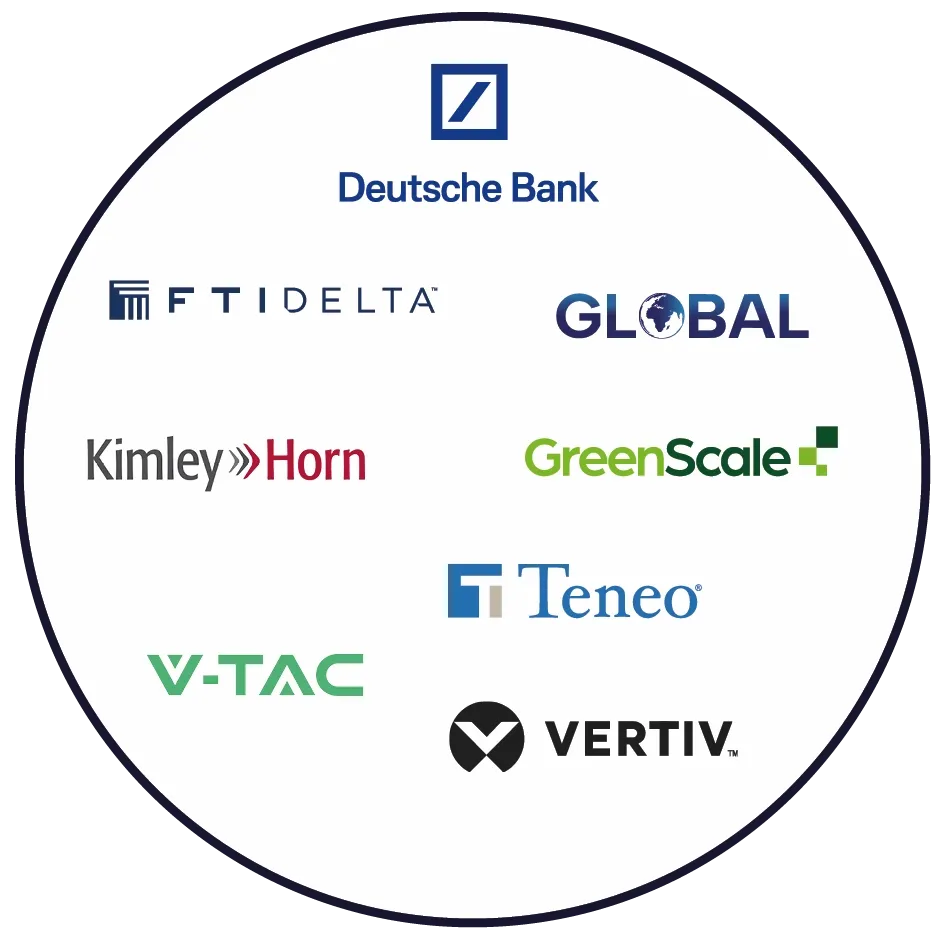 A circular graphic displaying logos of partner companies, including Deutsche Bank, FTI Delta, Global, Kimley-Horn, GreenScale, Teneo, V-TAC, and Vertiv.