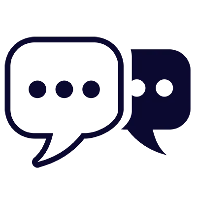 Two overlapping speech bubbles with chat dots, representing dialogue and communication.