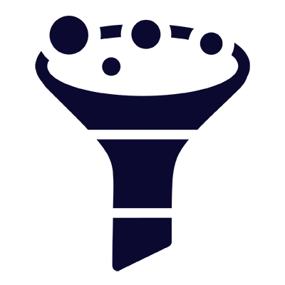 A funnel filtering dots of various sizes into a single stream, representing curation and filtering.