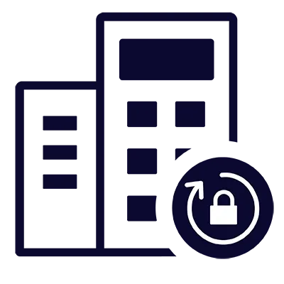 A modern multi-story building icon with a circular padlock badge in the corner, representing private, secure venue access.