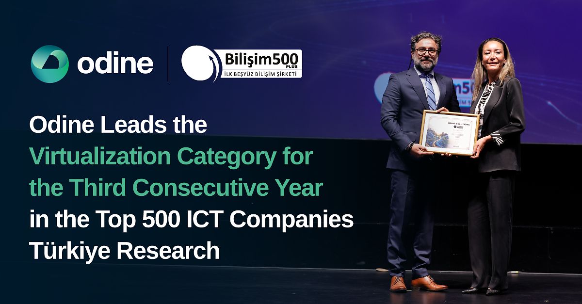 Two executives holding a framed award on stage, with text celebrating Odine leading the Virtualization Category for the third consecutive year in the Top 500 ICT Companies Türkiye Research.